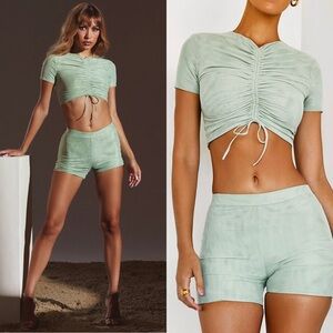 HOUSE OF CB‎ Sage Green Stretch Tulle Short Sleeve Ruched Tie Front Crop Top S